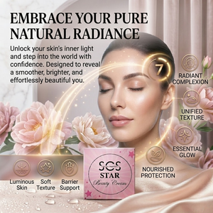 Advertisement for SGS Star Beauty Cream with a woman's face and product packaging, featuring text about skin benefits.
