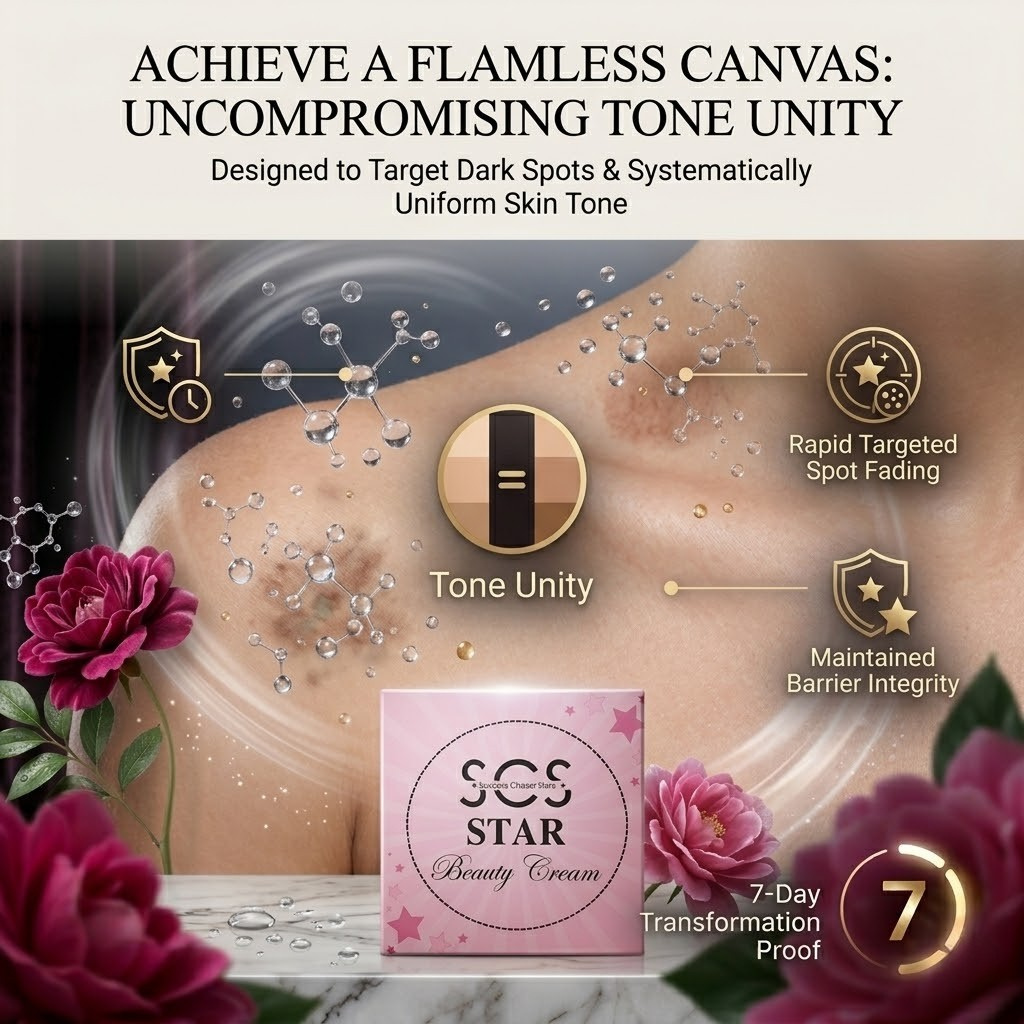 SCS Star Beauty Cream elegant pink box packaging accented with dark pink roses and a glowing antioxidant molecular swirl.