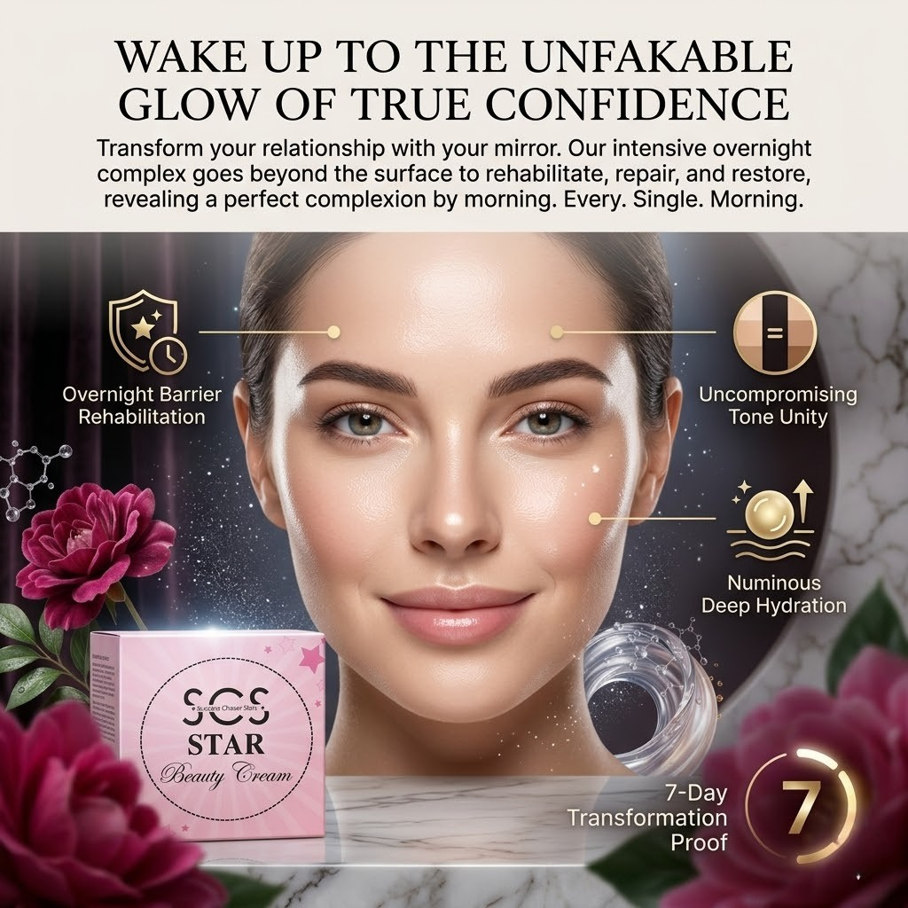 SCS Star Beauty Cream elegant pink box packaging accented with dark pink roses and a glowing antioxidant molecular swirl.