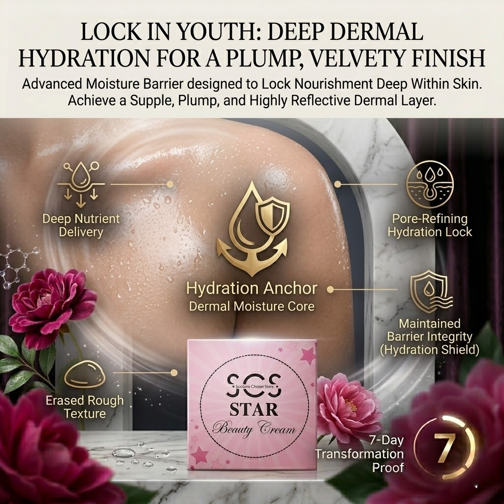 SCS Star Beauty Cream elegant pink box packaging accented with dark pink roses and a glowing antioxidant molecular swirl.