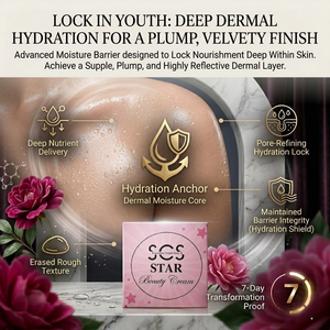 SCS Star Beauty Cream elegant pink box packaging accented with dark pink roses and a glowing antioxidant molecular swirl.