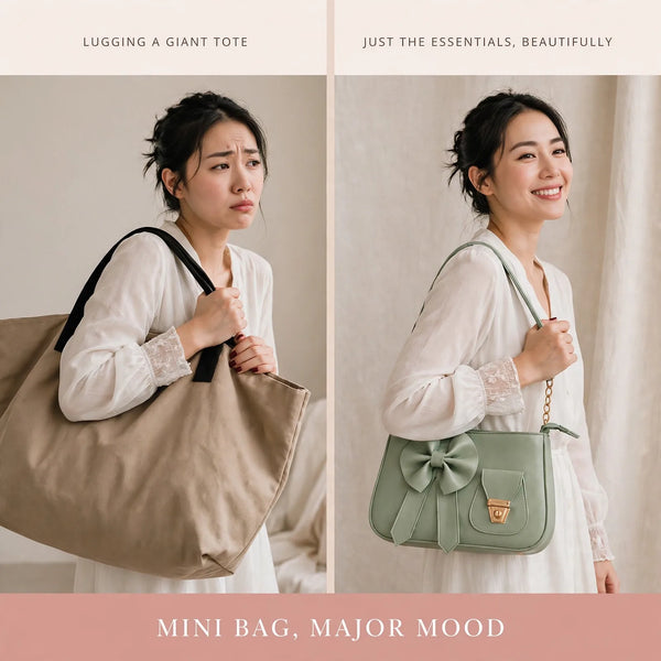 Mini shoulder bag before and after – giant tote to compact bow handbag