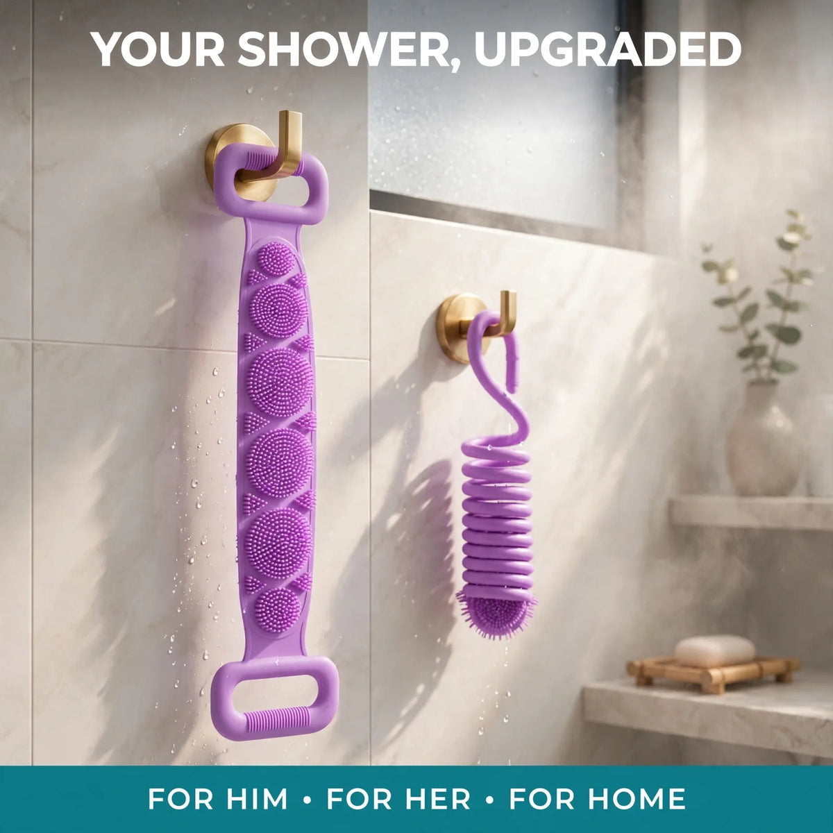 Silicone bath brush set hanging in a bright modern shower