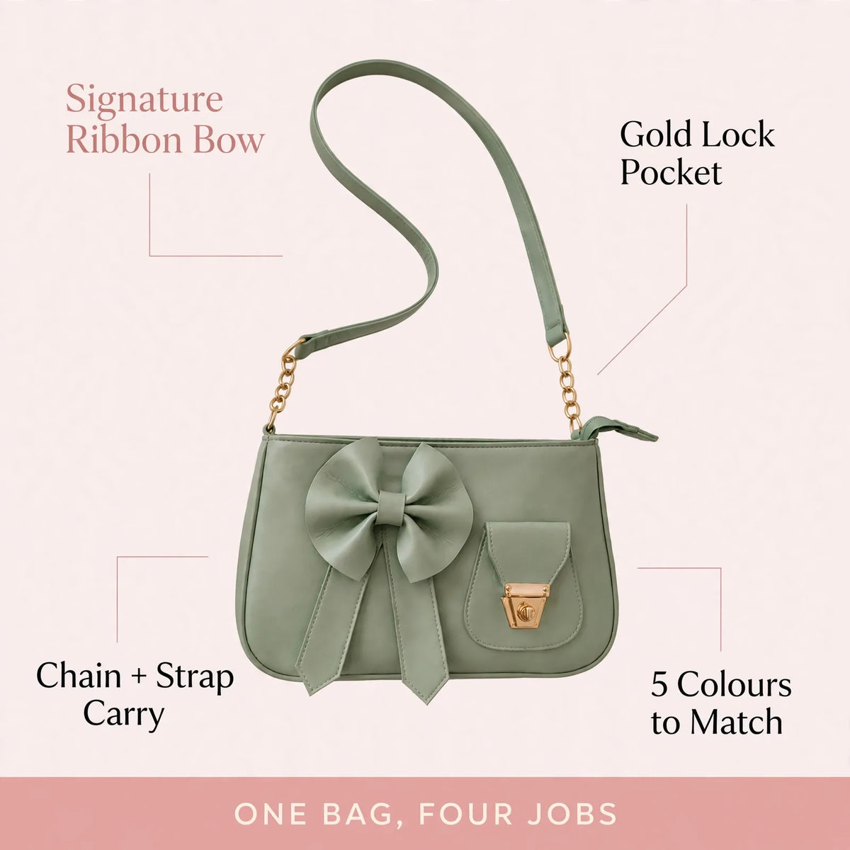 Bow shoulder bag benefits – ribbon bow, gold lock pocket, chain strap, 5 colours