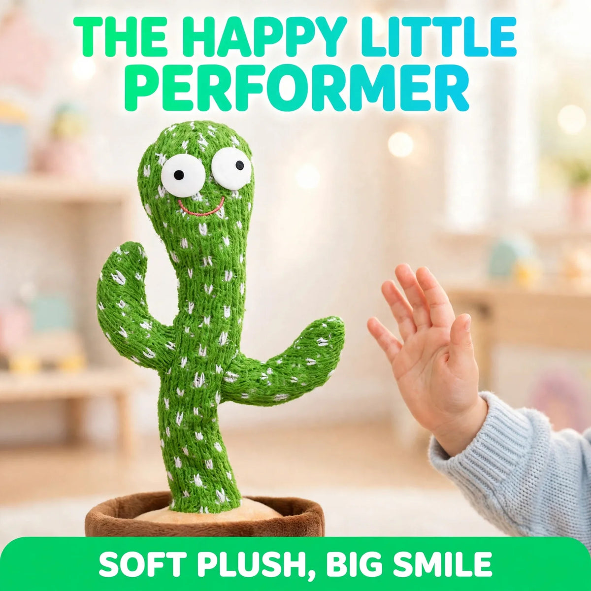 Talking cactus close-up – googly eyes, smile and soft plush pot