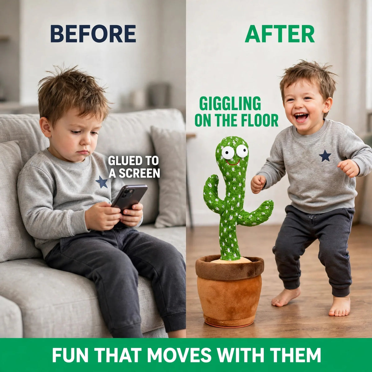 Dancing cactus before and after – bored toddler on screen to giggling play