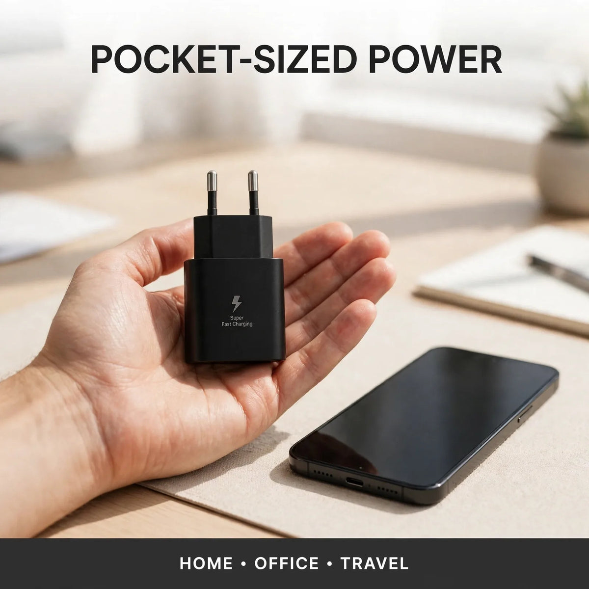 Compact 25W wall charger beside a phone – home office and travel charging