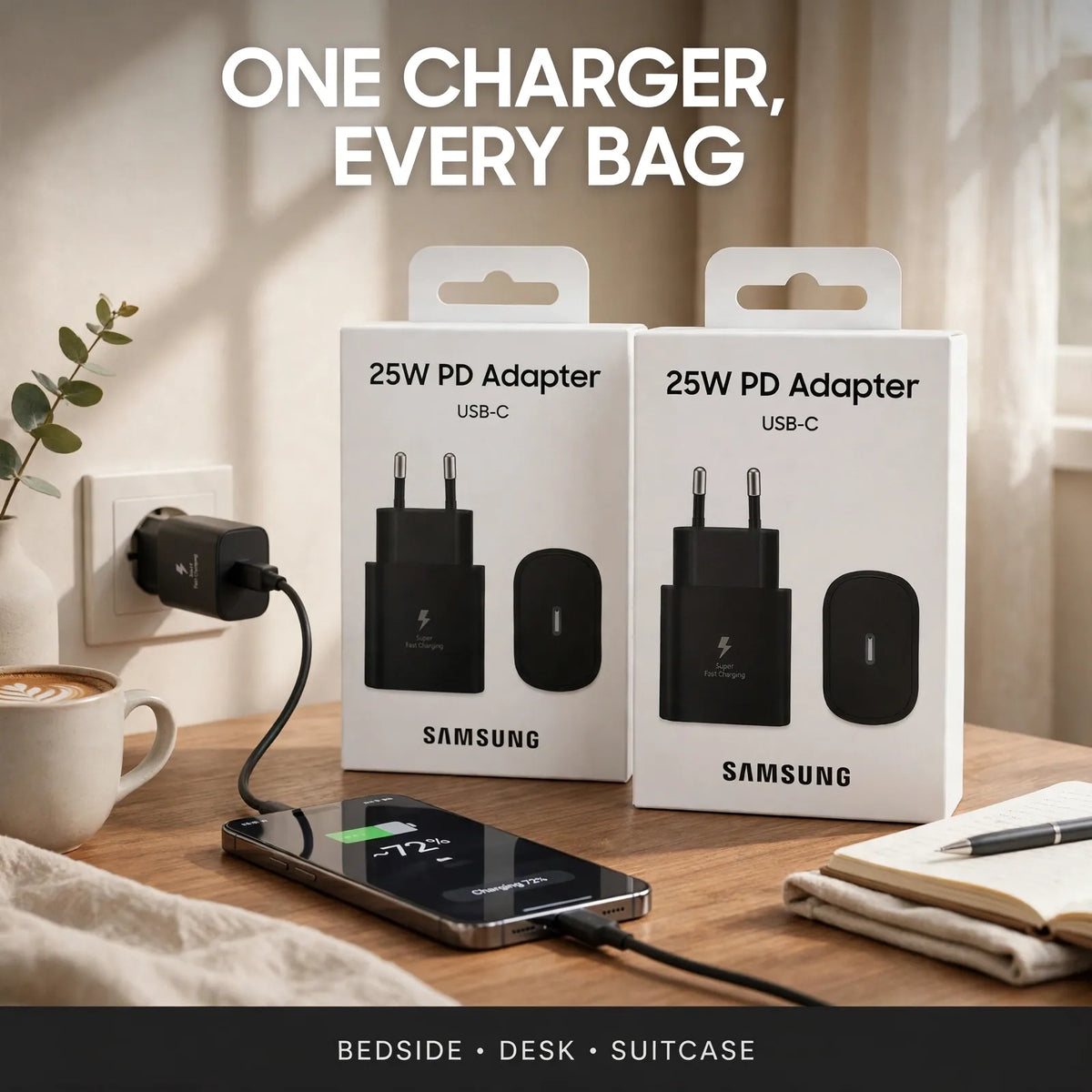 25W charger at bedside and desk – one adapter for everywhere
