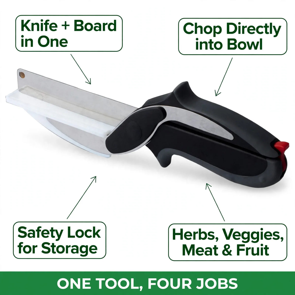 Clever cutter benefits – knife and board in one, chop into bowl, safety lock