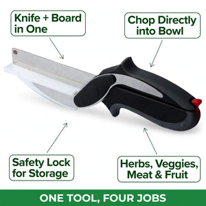 Clever cutter benefits – knife and board in one, chop into bowl, safety lock