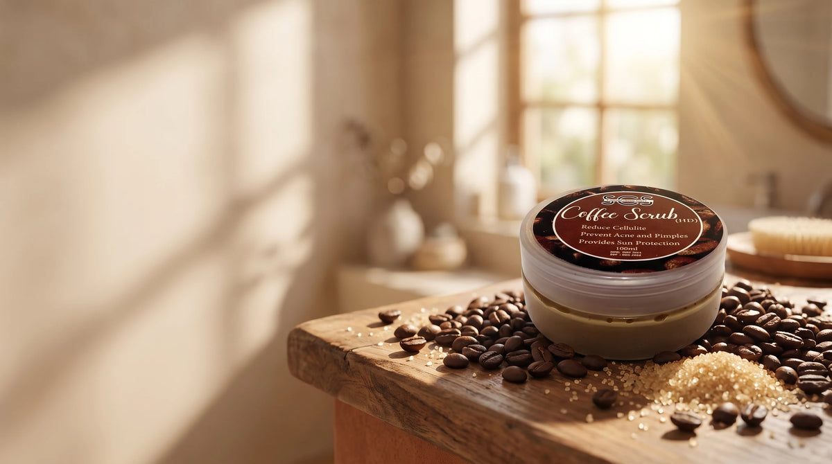 Roasted Arabica coffee grounds to buff away roughness.