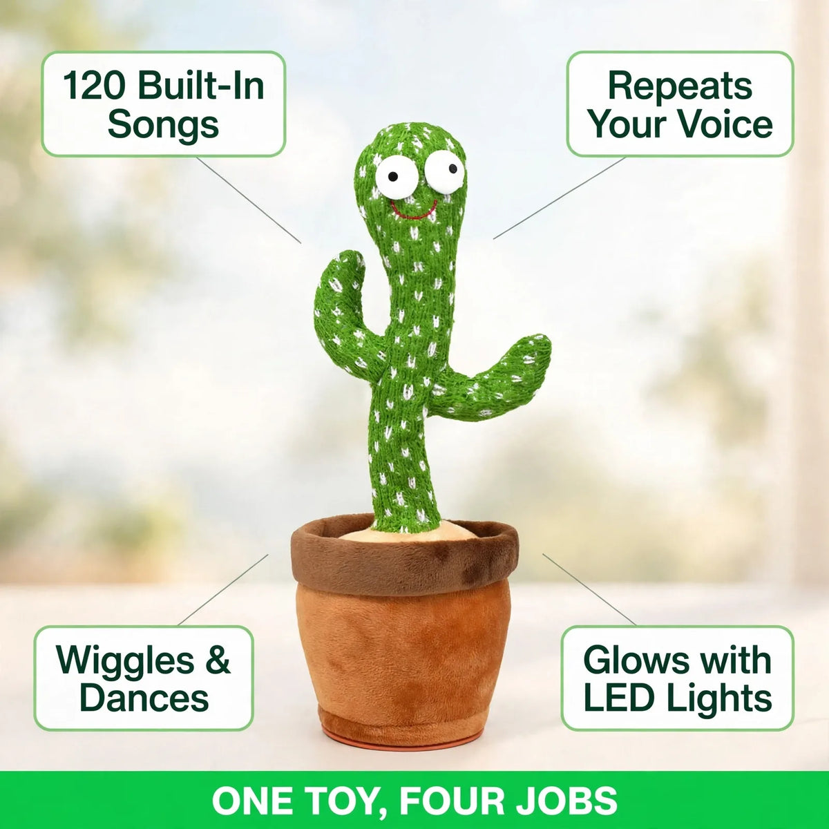 Dancing cactus benefits – 120 songs, voice repeat, dance and LED lights