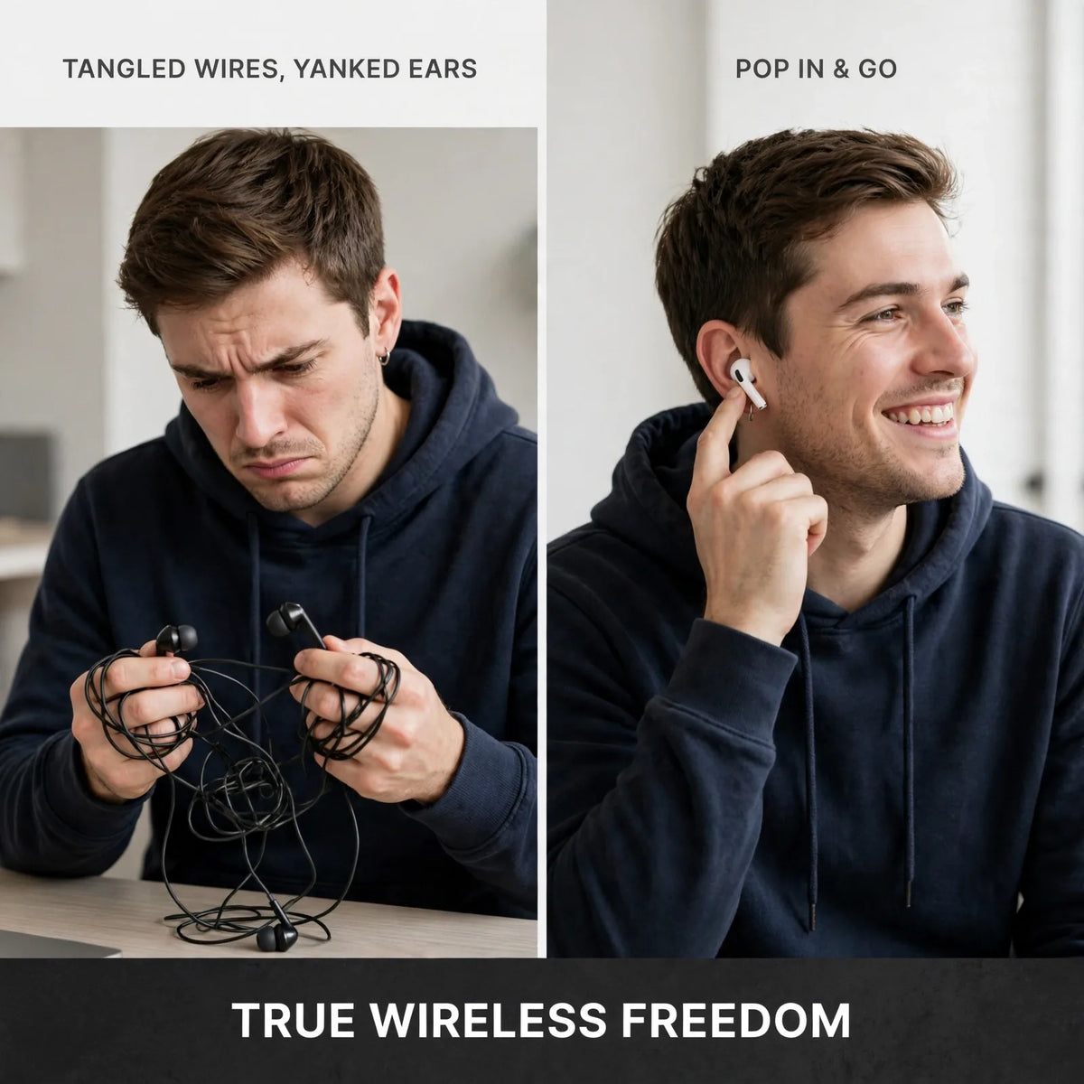 Wireless earbuds before and after – tangled wired earphones to true wireless freedom