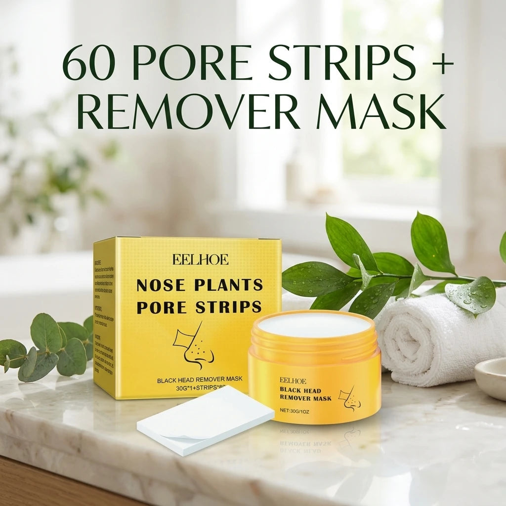 Eelhoe Nose Plants Pore Strips box and Black Head Remover Mask jar with a pore strip – 60 strips plus remover mask