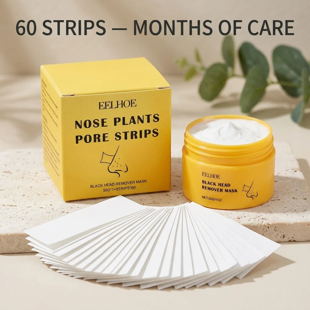 Eelhoe pore strips fanned out in front of the box and mask jar – 60 strips, months of care