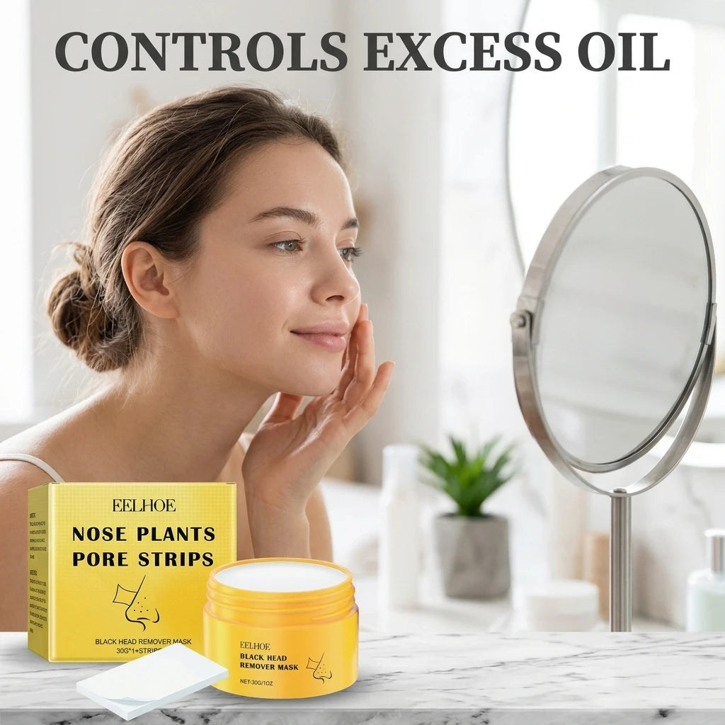 Smooth, matte T-zone with the Eelhoe pore strips pack beside a mirror – controls excess oil