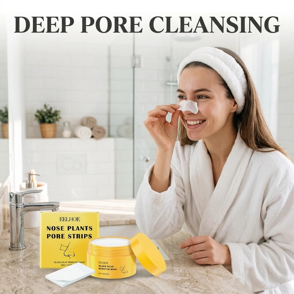 Peeling off an Eelhoe pore strip in a bright bathroom – deep pore cleansing in action