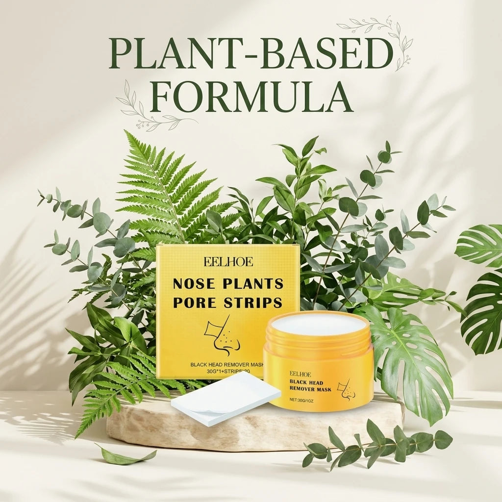 Eelhoe pore strips pack surrounded by fresh green botanical leaves – plant-based formula