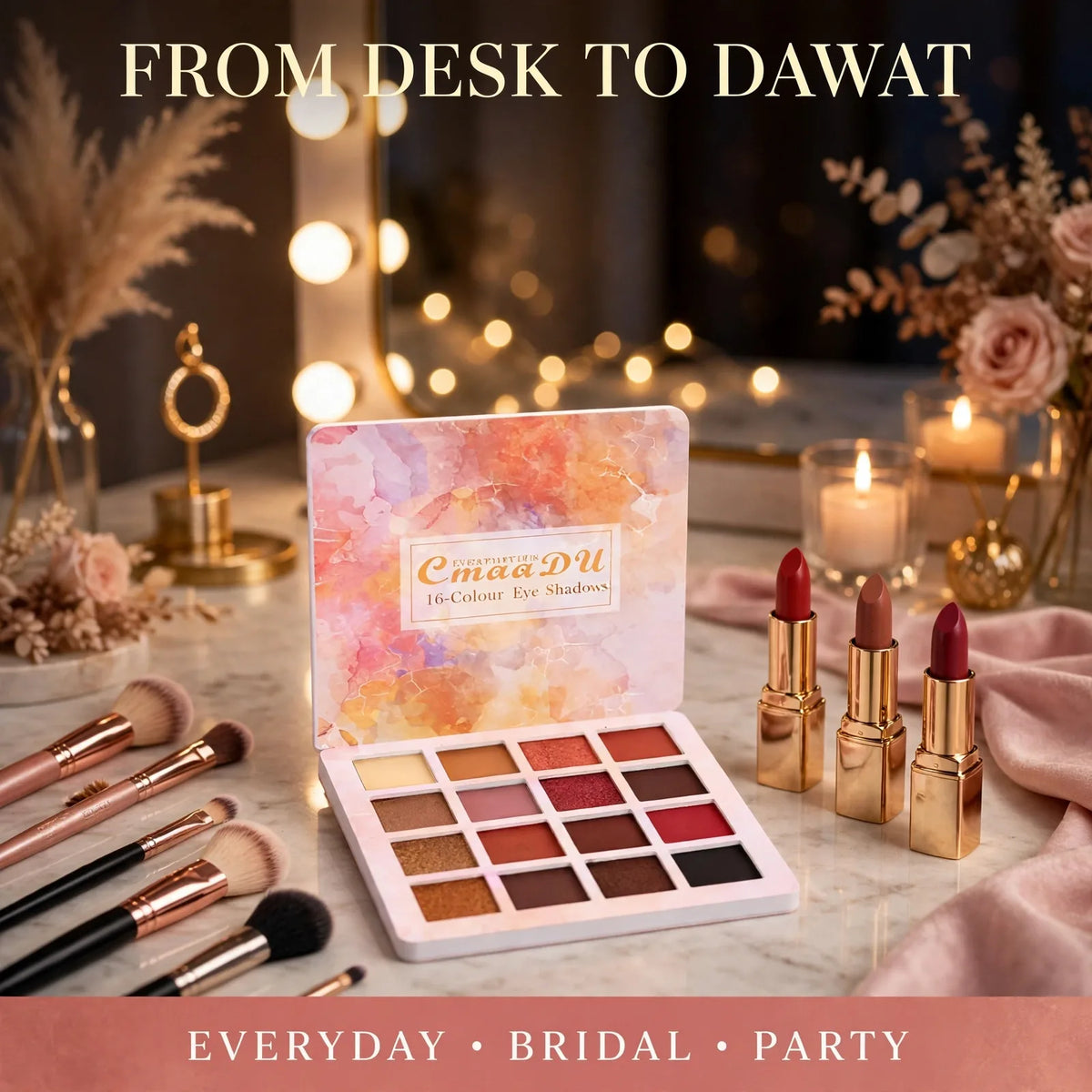 Eyeshadow palette on a vanity – everyday bridal and party eye makeup