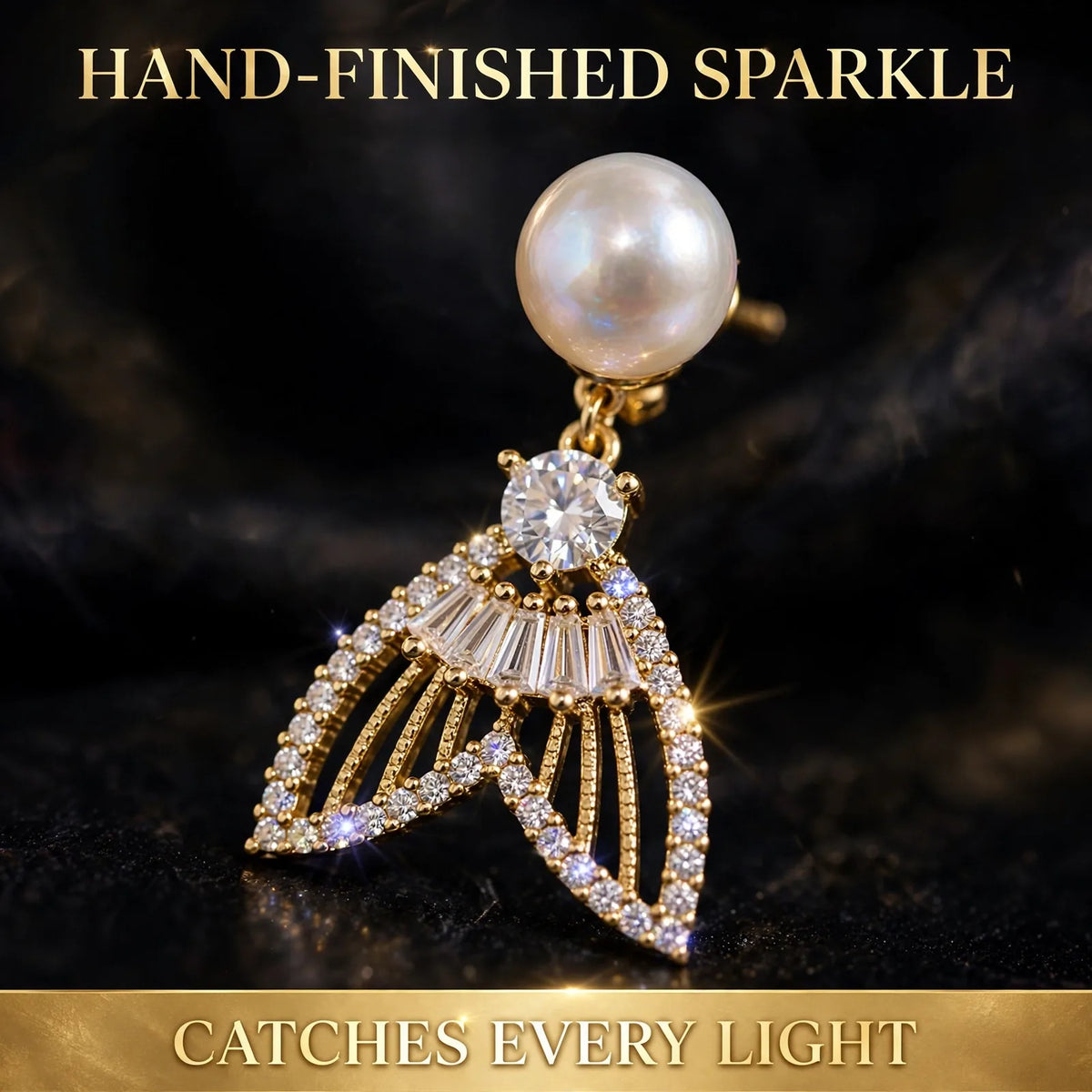 Golden fishtail earrings close-up – crystal fan sparkle detail