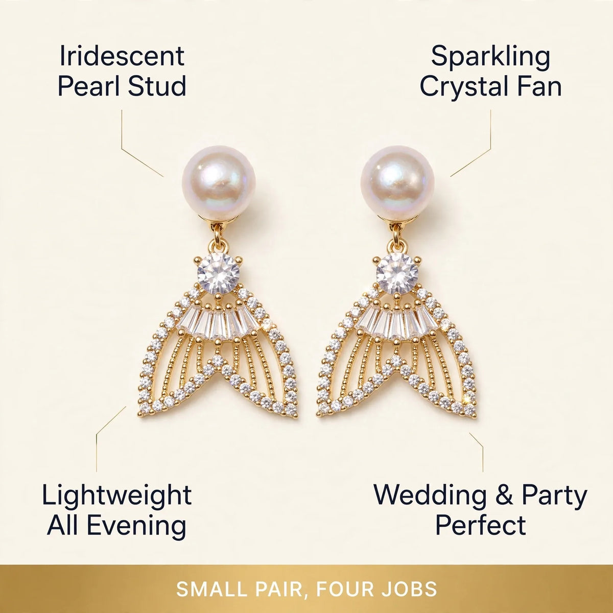 Golden fishtail earrings details – pearl stud, crystal fan, lightweight