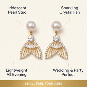 Golden fishtail earrings details – pearl stud, crystal fan, lightweight