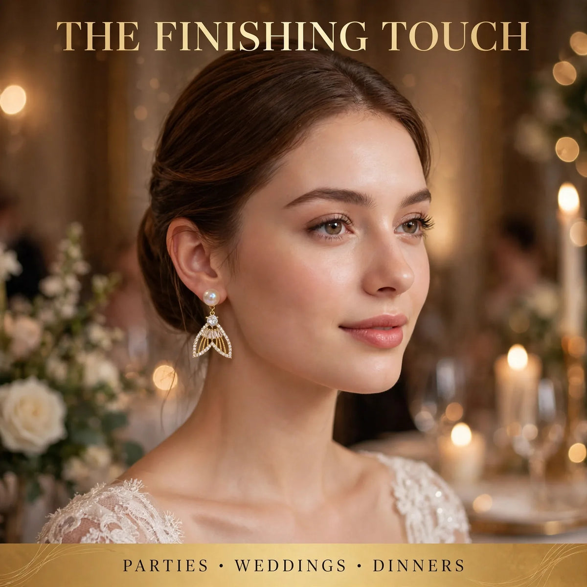 Woman wearing golden fishtail drop earrings at a party