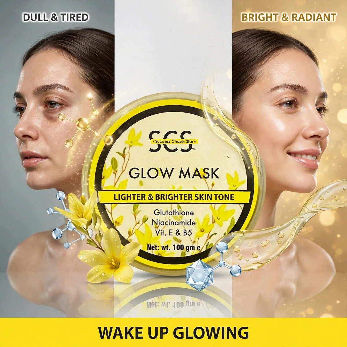 Glow mask before and after – dull tired skin to bright radiant skin