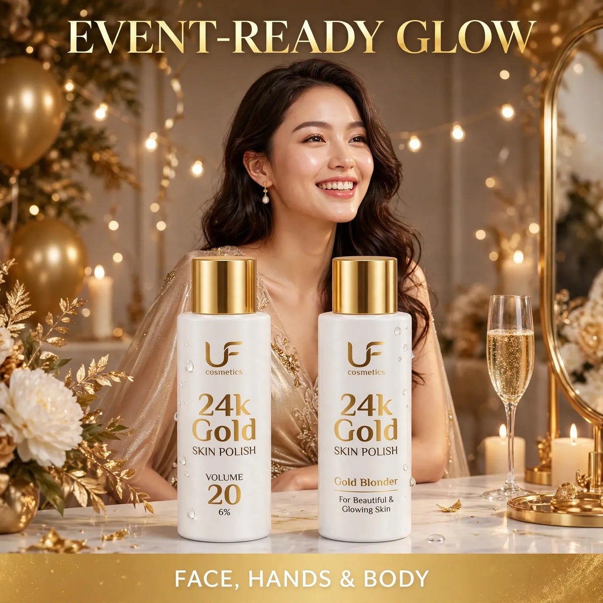 Gold skin polish for events – instant glow for face hands and body