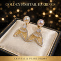 Golden fishtail crystal and pearl drop earrings – earrings price in Pakistan