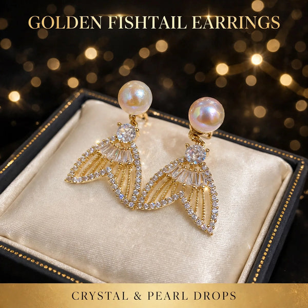 Golden fishtail crystal and pearl drop earrings – earrings price in Pakistan