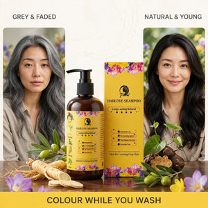 Hair dye shampoo before and after – grey hair to natural dark colour