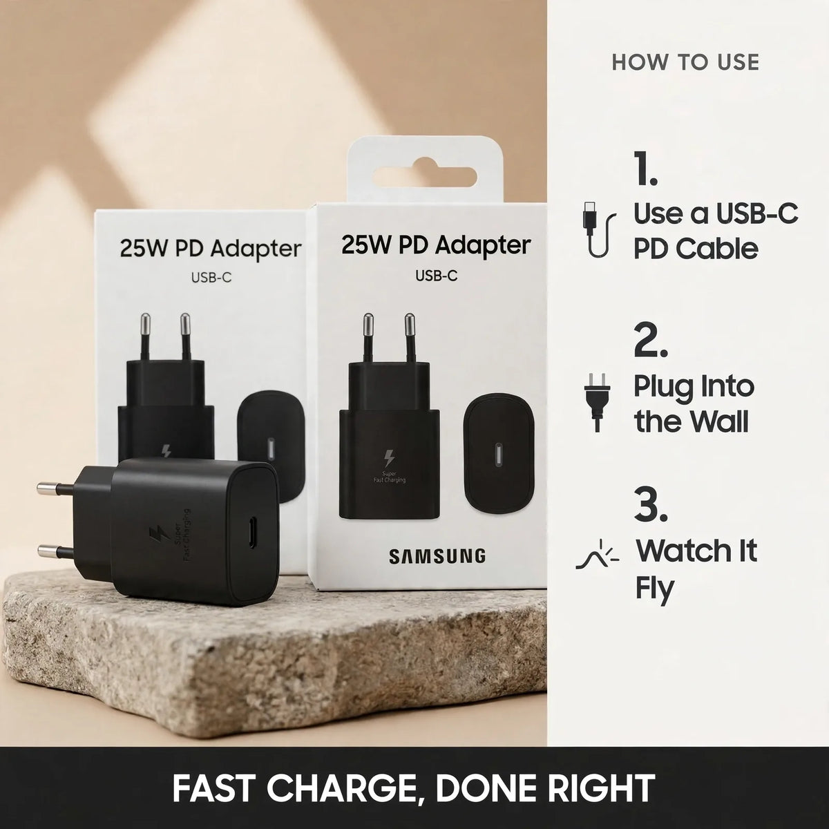 How to fast charge – pair the 25W PD adapter with a Type-C cable