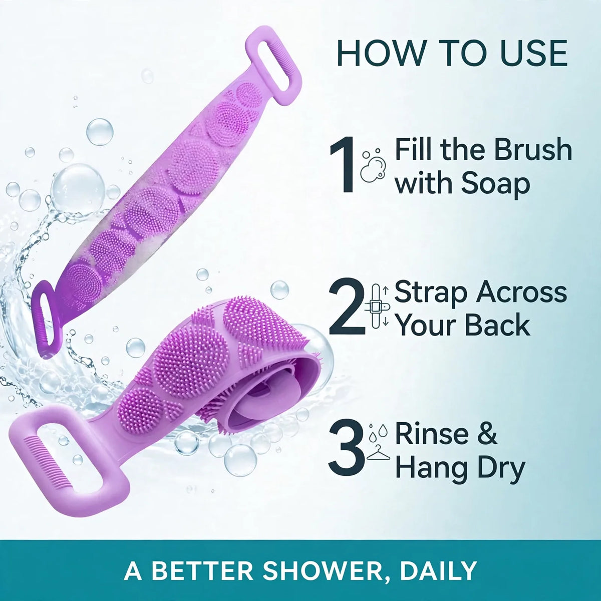 How to use silicone bath brush set – fill soap, scrub back, rinse