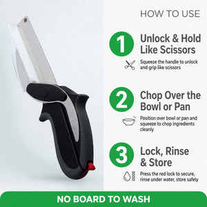 How to use clever cutter – unlock, chop over bowl, lock and rinse