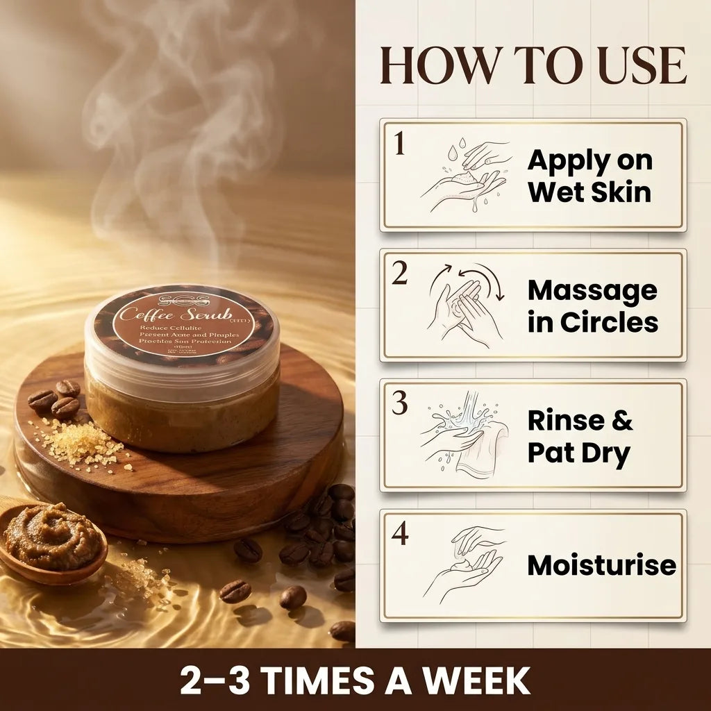 How to use coffee scrub – apply on wet skin, massage, rinse, moisturise