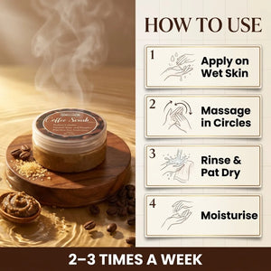 How to use coffee scrub – apply on wet skin, massage, rinse, moisturise