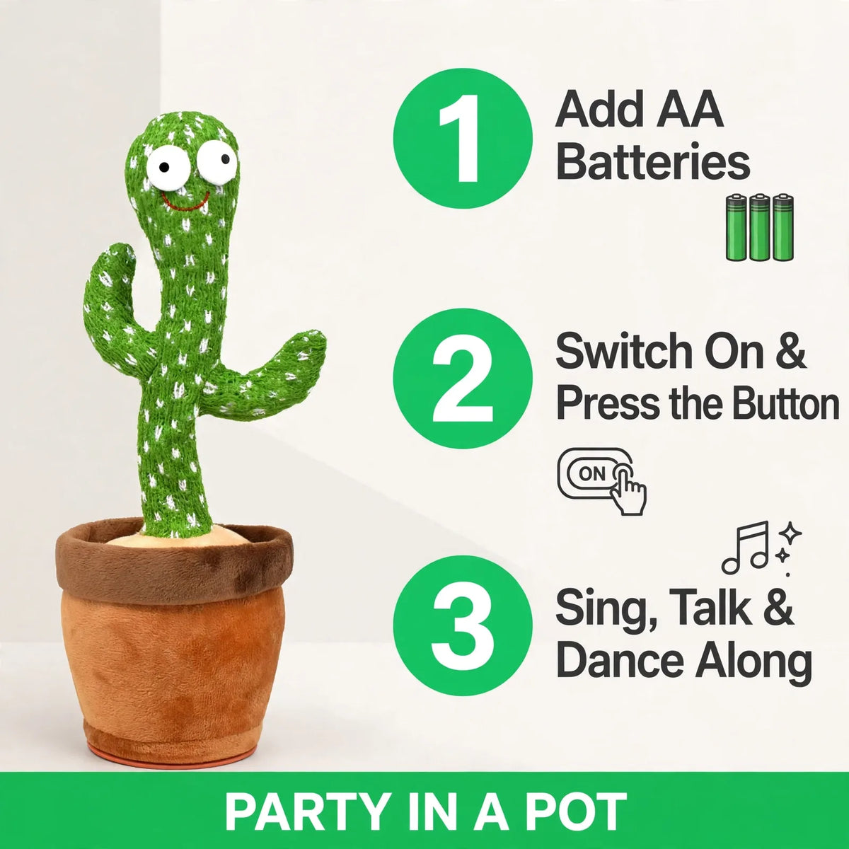 How to use dancing cactus – batteries, switch on, sing and dance