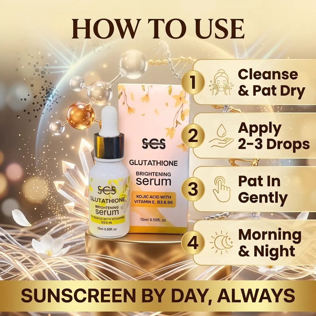 How to use glutathione serum – cleanse, apply 2-3 drops, morning and night