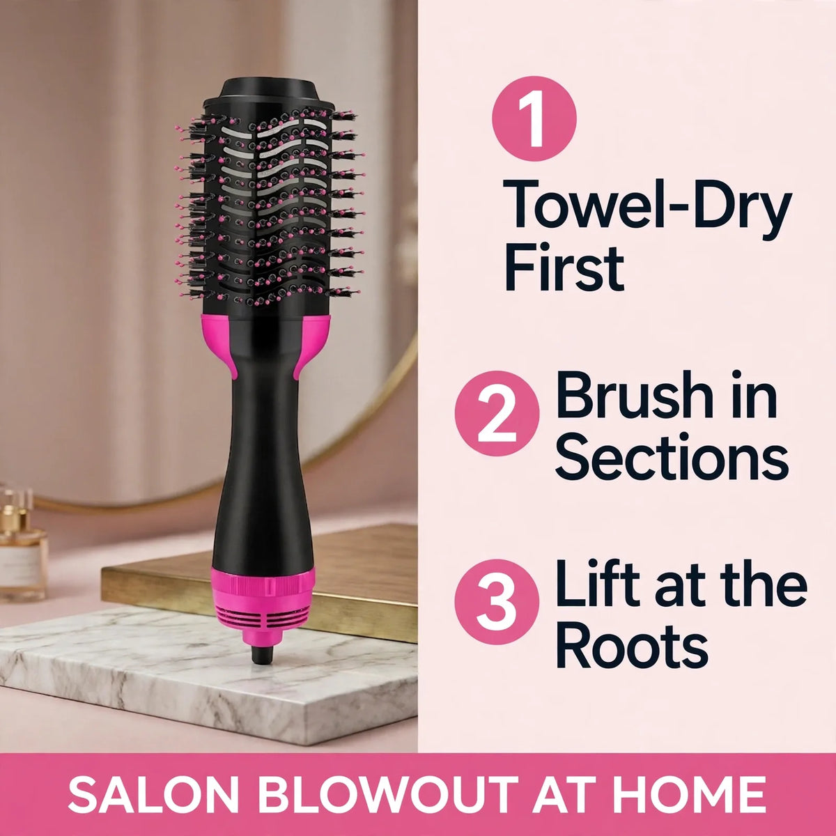 How to use hot air brush – towel dry, brush in sections, lift at roots