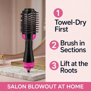 How to use hot air brush – towel dry, brush in sections, lift at roots