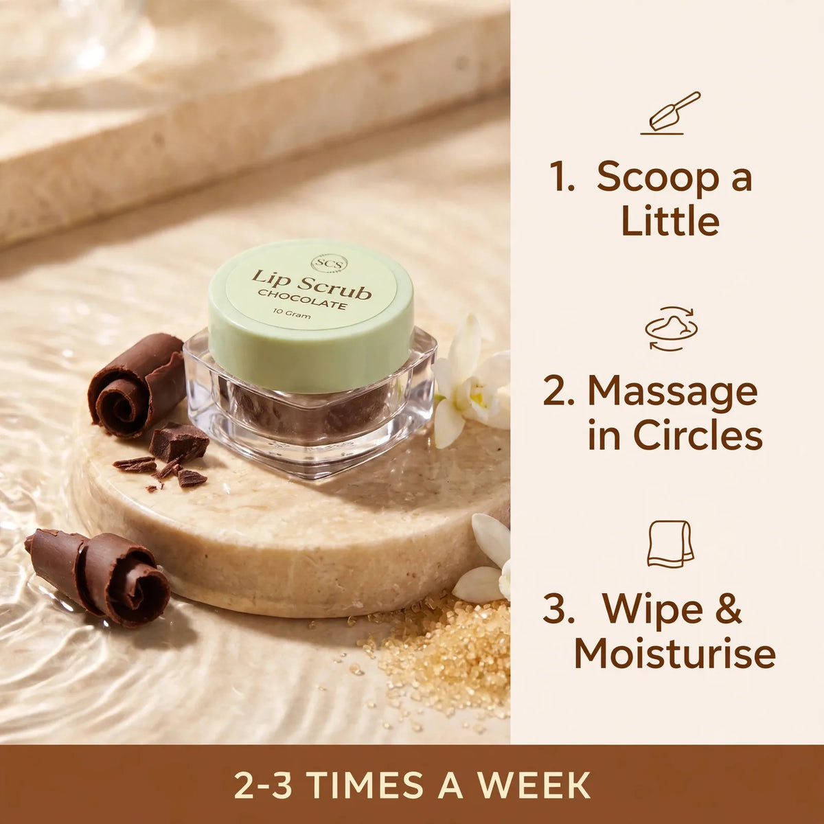 How to use lip scrub – scoop, massage in circles, wipe and moisturise