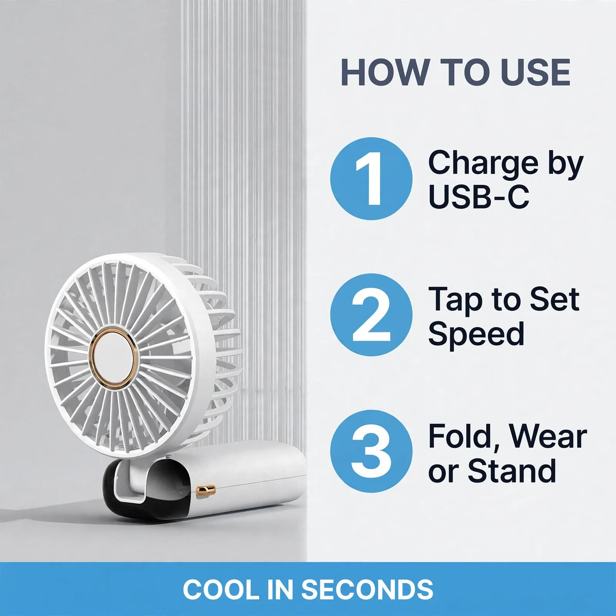 How to use mini rechargeable fan – charge, tap, fold wear or stand