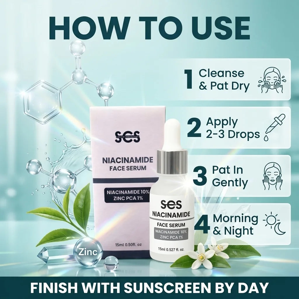 How to use niacinamide serum – cleanse, apply 2-3 drops, morning and night