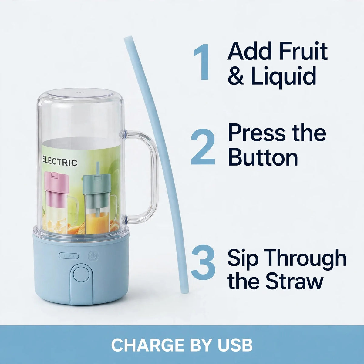 How to use portable blender – add fruit, press, sip through straw