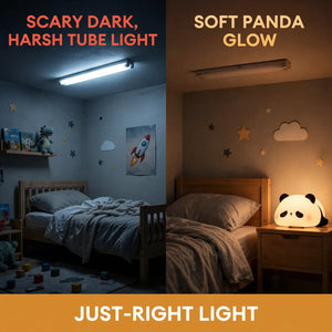 Night lamp before and after – dark room to soft warm panda glow