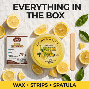 Lemon wax kit contents – wax tub, gold wax strips and wooden spatula
