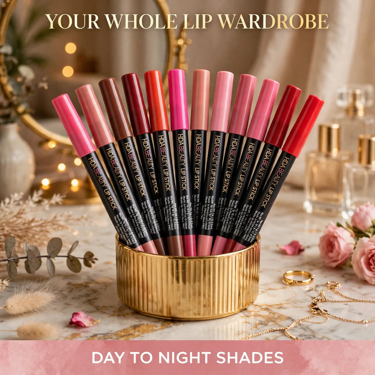 Matte lip liner set on a vanity – day to night lip shades