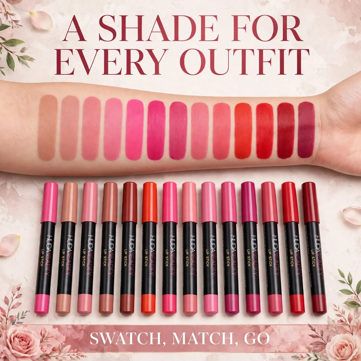 Matte lip liner shades – nude pink red and berry swatches