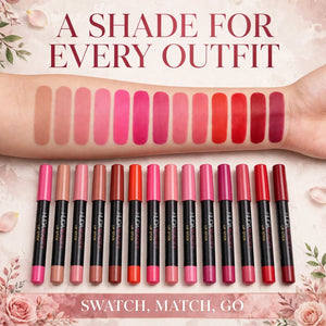 Matte lip liner shades – nude pink red and berry swatches